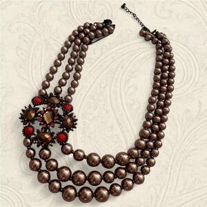 Brown faux pearl Multi-Strand necklace with crystal brooch accent vintage style